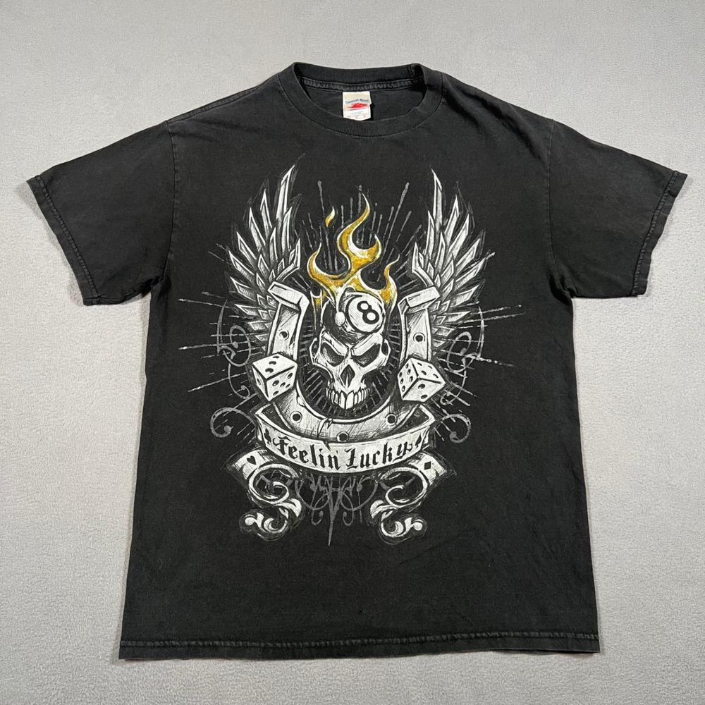 Y2K Skull Dice 8 Ball Flame Feelin Lucky Graphic T Shirt M Black Tennessee River